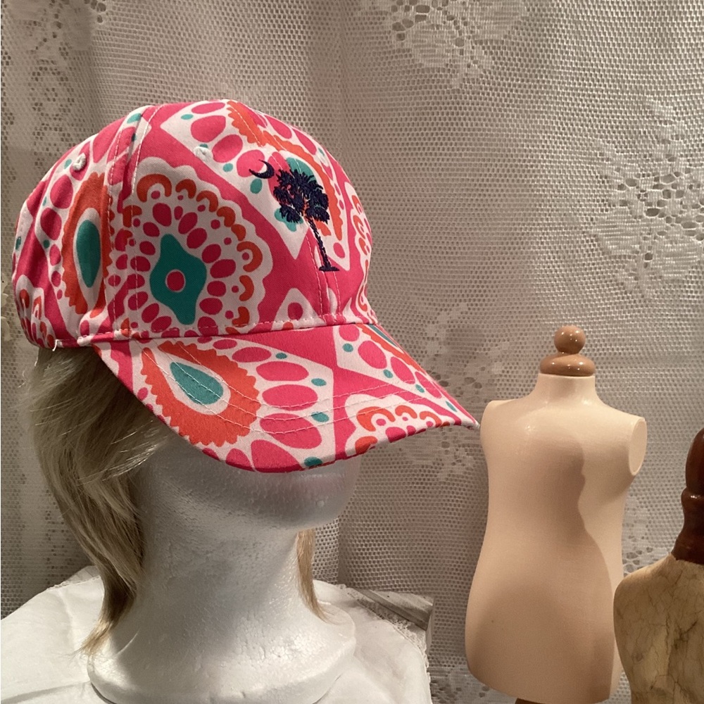 Women's Viv & Lou  Ball Cap Ponytail Hat Pink,Turquoise White ,Palm Tree